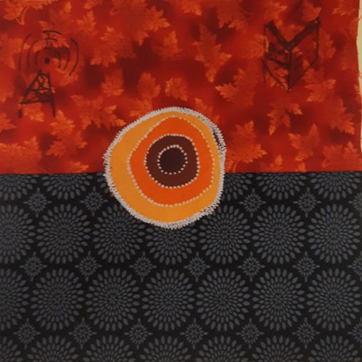 Red upper half with radio tower and book, black patterned lower half with concentric circles or yellow, orange, red appliqued